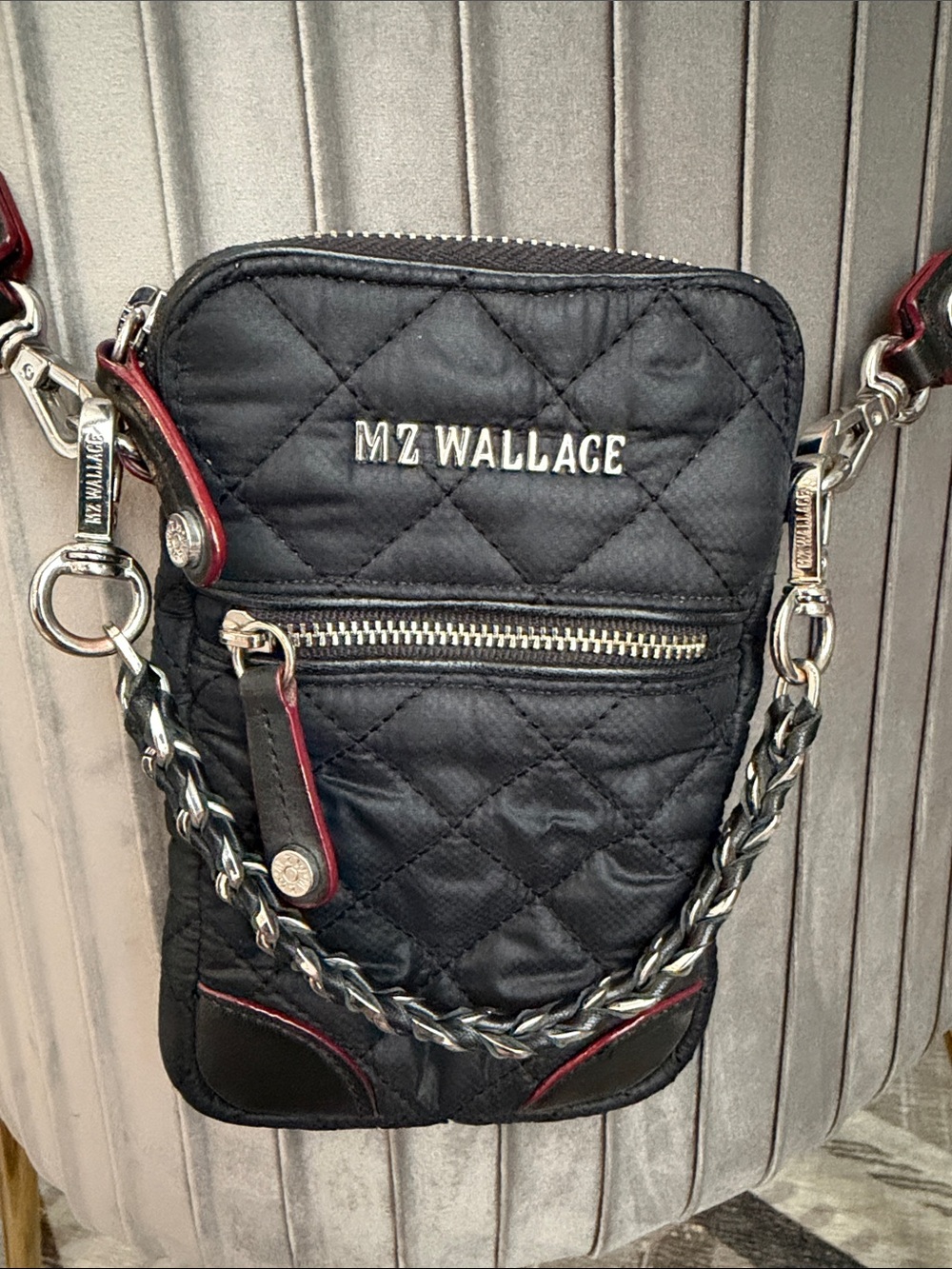 MZ Wallace Black Quilted Crossbody with Red Trim
